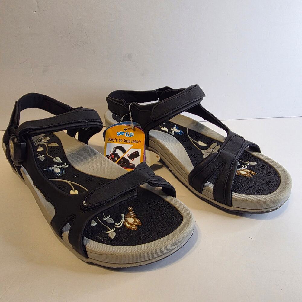 NWT G.P. Gold Pidgeon Brand Sandals featuring a Lotus Flower design Footbed - Picture 3 of 11
